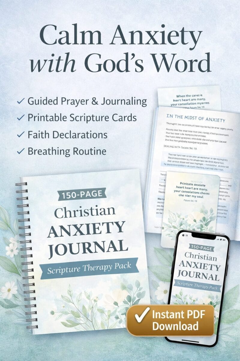 Christian Anxiety Journal PDF – 150-page Scripture Therapy Pack with printable Scripture cards, guided prayer journaling pages, and Instant PDF Download badge.