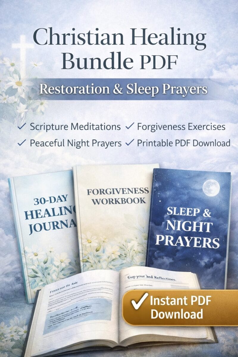 Christian Healing Bundle PDF featuring restoration journal, Scripture meditation pages, and night prayers for peaceful sleep with Instant PDF Download badge.