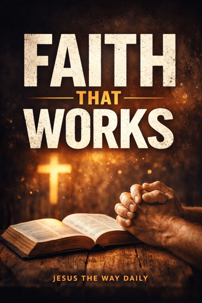Faith that works Christian teaching thumbnail with open Bible, praying hands, glowing cross, and bold text representing James 2:17 and James 2:26 about living faith.”