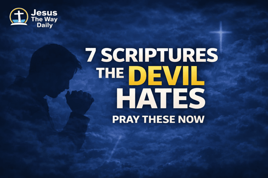 Christian prayer image showing a person praying with the text “7 Scriptures the Devil Hates – Pray These Now,” representing spiritual warfare and victory through God’s Word.