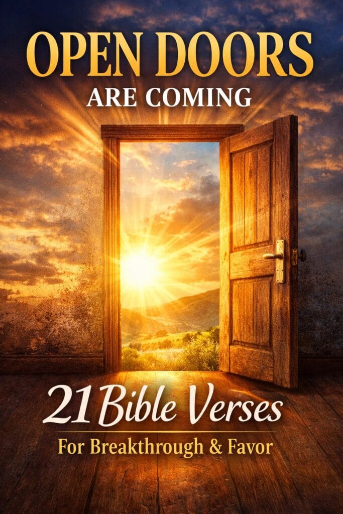 bible verses about open doors with glowing door and sunrise light