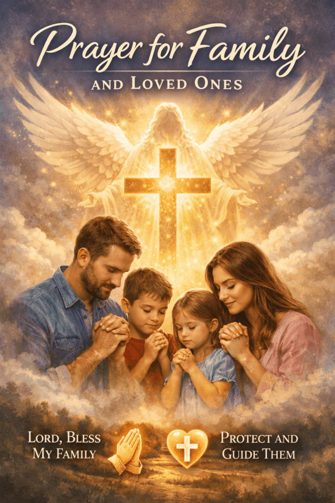 prayer for family and loved ones image showing a family praying together under God’s protection and blessing