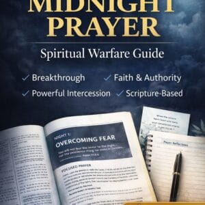 21 Nights of Midnight Prayer PDF – Spiritual Warfare Guide with open prayer journal, moonlit night background, and Instant PDF Download badge.