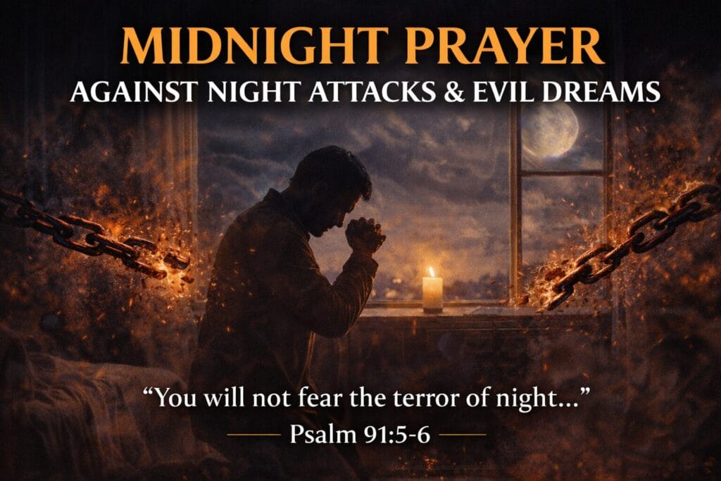 Midnight prayer against night attacks and evil dreams with Psalm 91:5-6, showing a man praying as chains break and God’s protection surrounds him