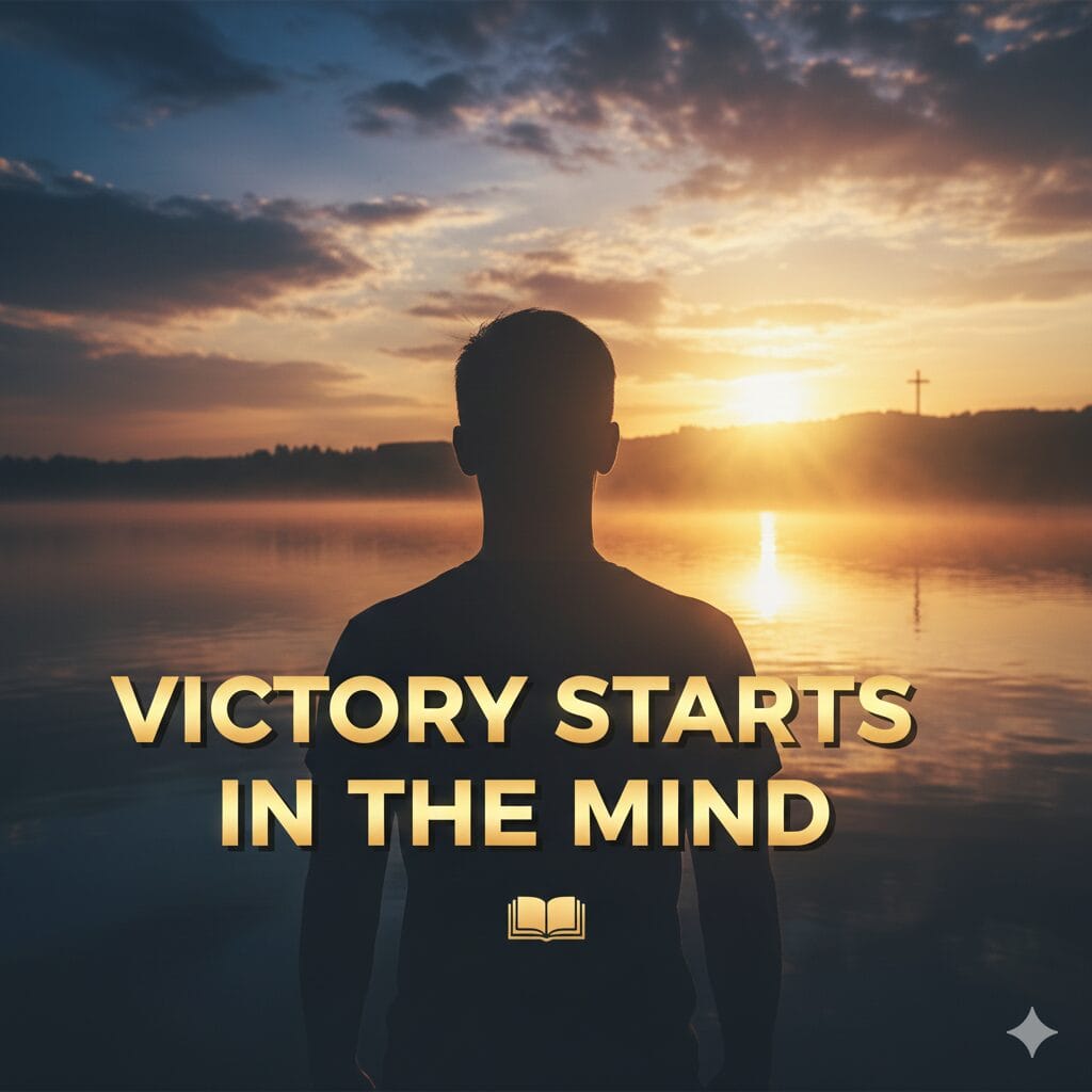 Man standing at sunrise with the text Victory Starts in the Mind representing how to stop negative thoughts.
