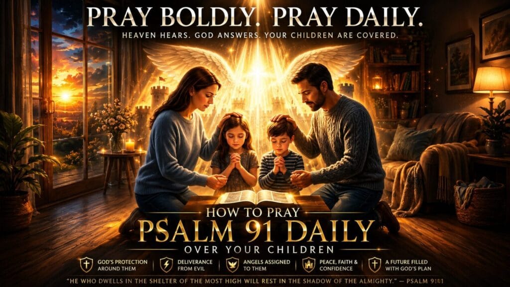 Infographic layout detailing how to pray psalm 91 daily over your children for protection and family deliverance