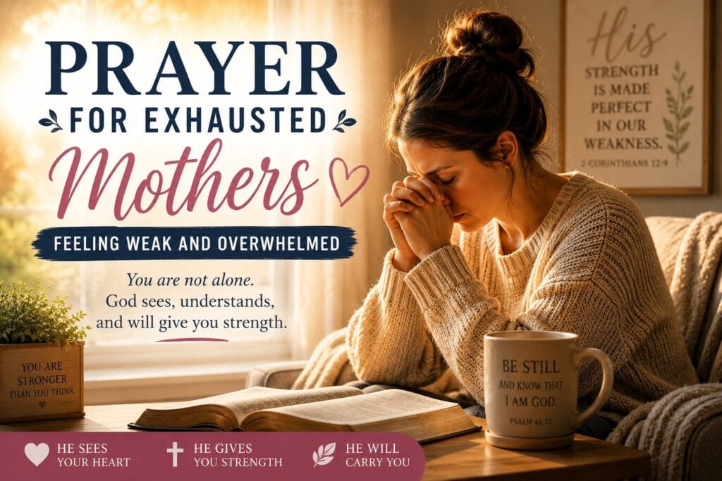 Infographic representation detailing prayers for exhausted mothers feeling weak and overwhelmed by daily household routines