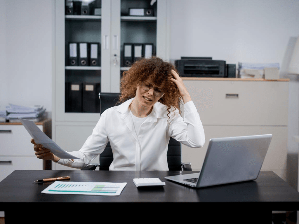 Overwhelmed office worker experiencing workplace stress and anxiety.