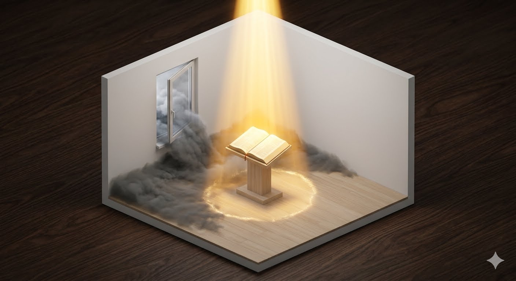 3D isometric room with open window showing how demons enter our life through hidden footholds Bible light Jesus The Way Daily